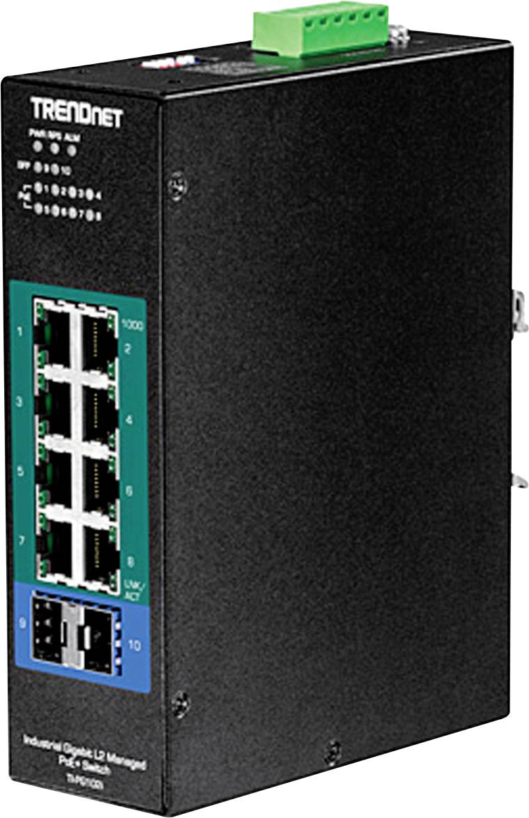 Schwarzer TRENDnet Netzwerk-Switch mit mehreren Ethernet-Ports, geeignet für industrielle Anwendungen. Modell: TI-PG1284i.