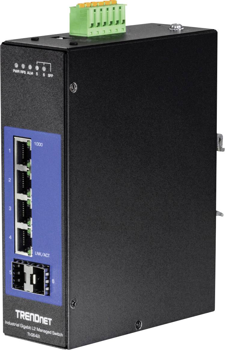 Ein schwarzer, industrieller Gigabit L2 Managed Switch mit zwei Glasfaser- und vier Ethernet-Ports. Modell: TRENDnet TI-G642i.