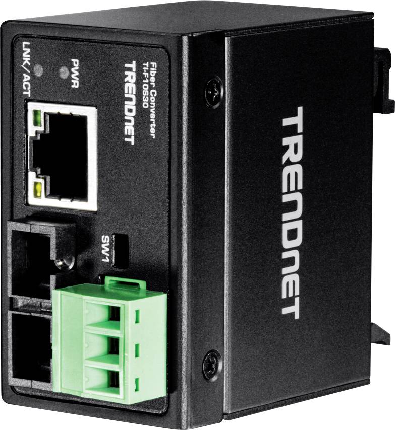 Ein schwarzer TRENDnet-Fiber-Converter, Modell TFC-1000MSC, mit mehreren Anschlüssen, einschließlich Ethernet und Glasfaser.