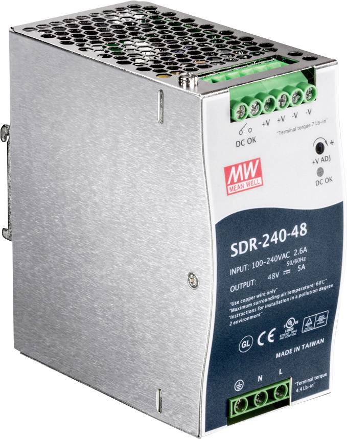 Stromversorgungseinheit Mean Well SDR-240-48, Eingang 100-240VAC, Ausgang 48V, 5A, geeignet für industrielle Anwendungen.