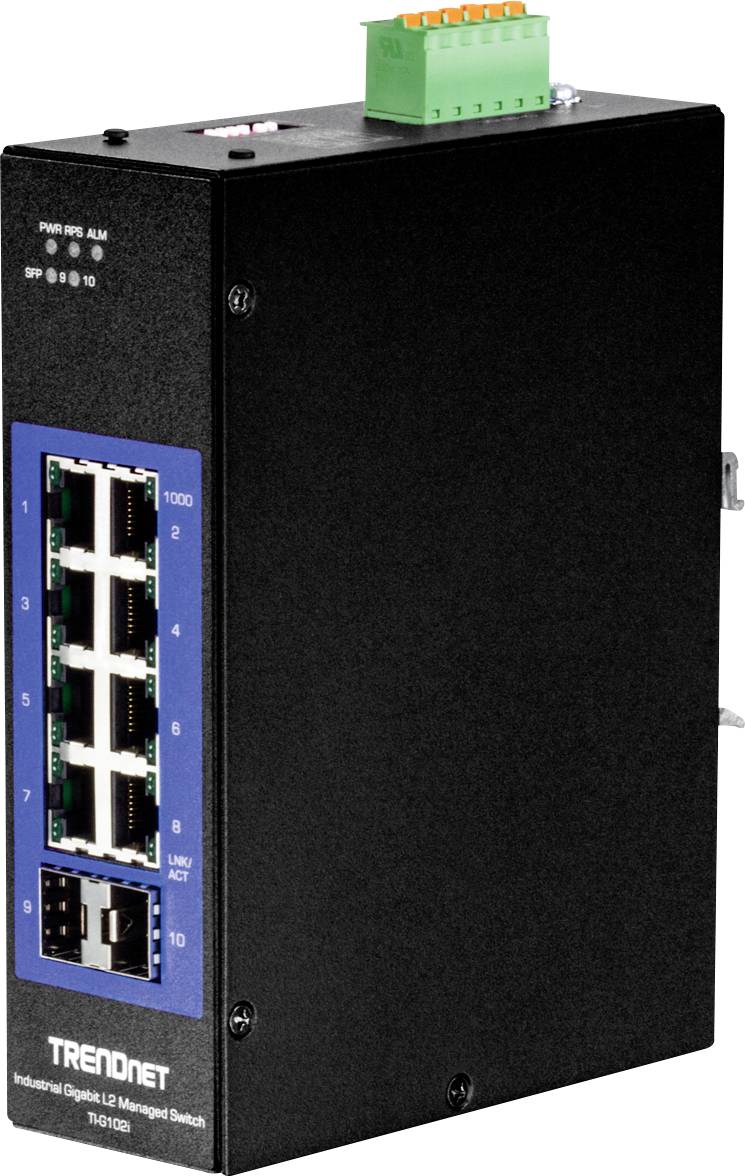 Ein schwarzer, industrieller Netzwerk-Switch von TRENDnet mit mehreren Ethernet-Ports und einer grünen Anschlussklemme oben.