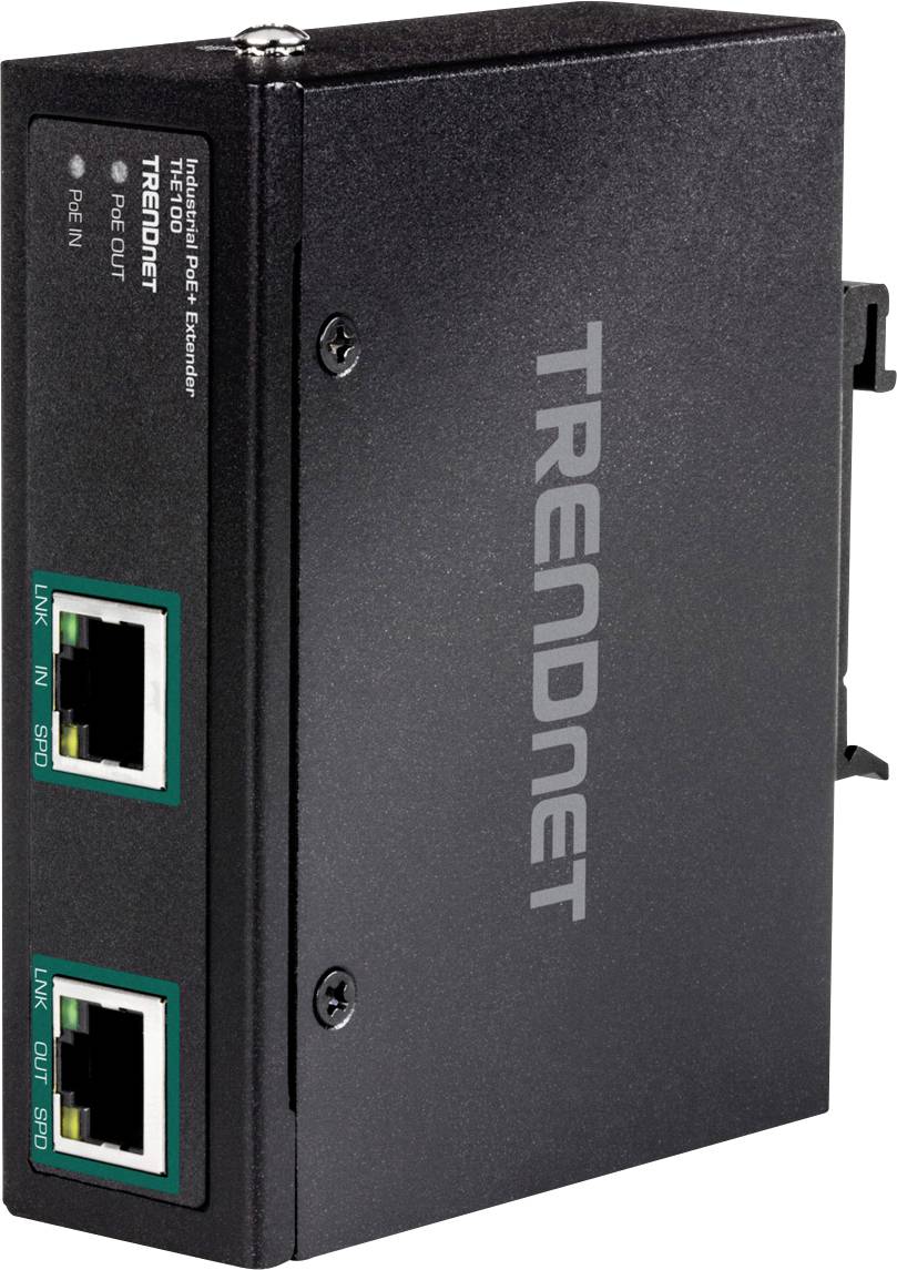 Ein schwarzer TRENDnet Gigabit PoE Extender mit zwei Ethernet-Ports zur Verlängerung von Netzwerkverbindungen über lange Distanzen.