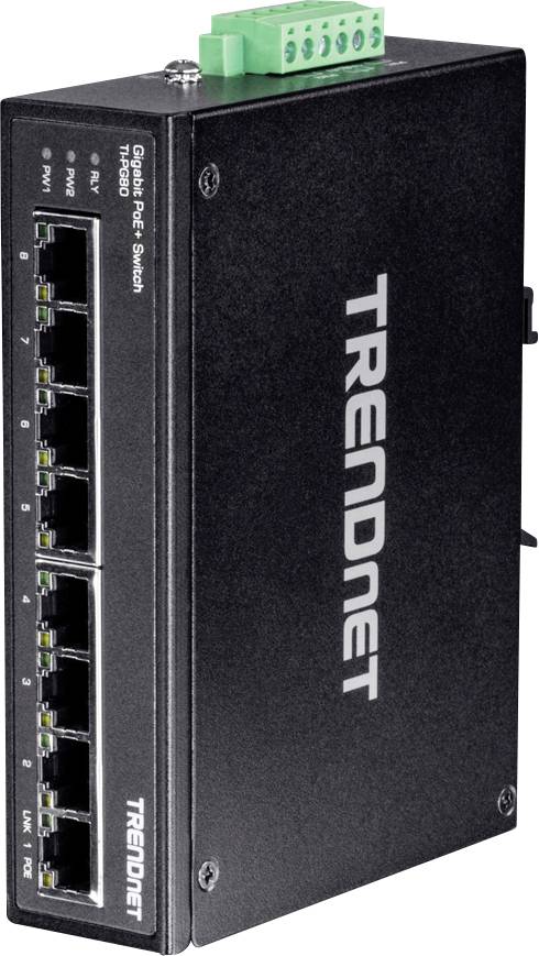 Ein schwarzer TRENDnet Gigabit PoE+ Switch mit acht Ethernet-Ports und grünen Anschlussklemmen oben. Designed für Netzwerkverbindungen.