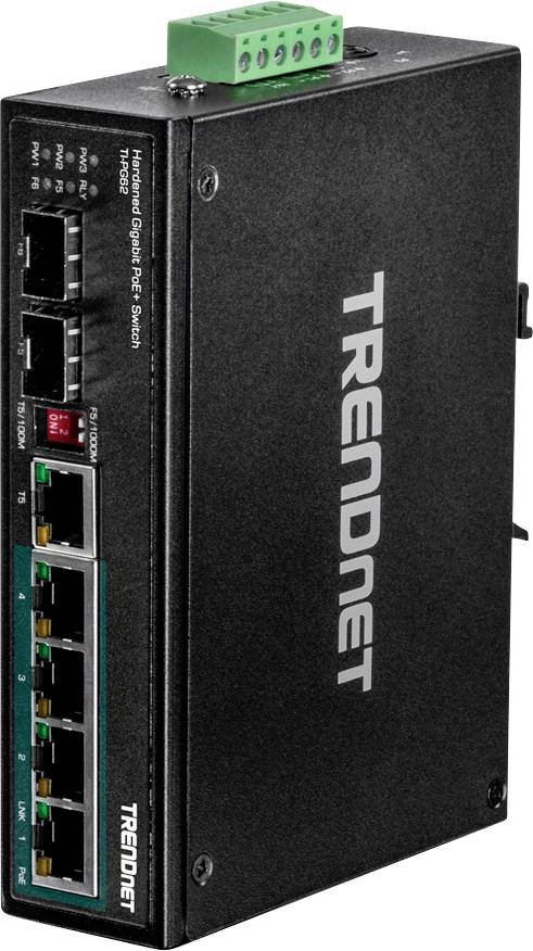 Industrieller Ethernet-Switch mit robustem Gehäuse, sechs Ethernet-Ports und grünem Anschlussblock. Modell: TRENDnet TI-PG62B.
