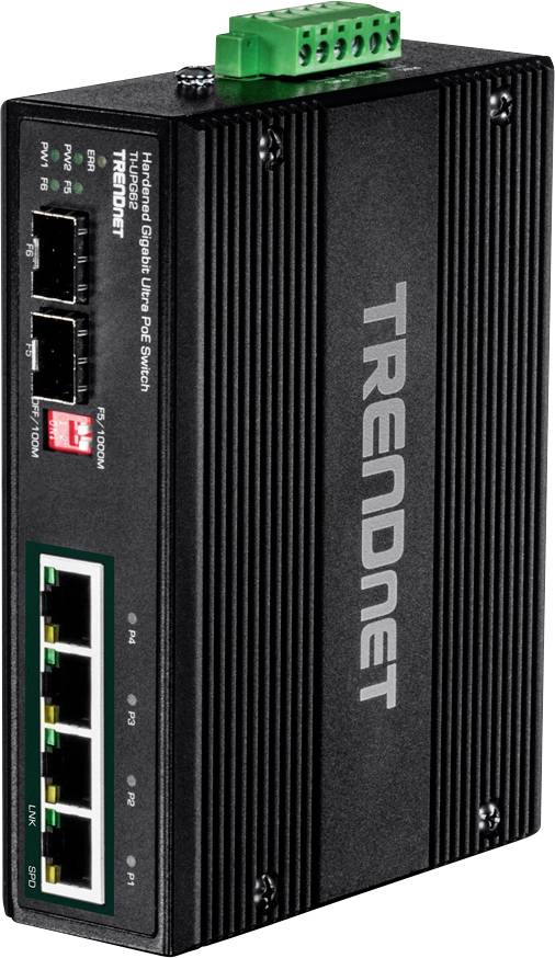 Industrieller Gigabit-Ethernet-Switch mit robustem Gehäuse und mehreren Netzwerkanschlüssen zur Verbindung von Geräten in rauen Umgebungen.