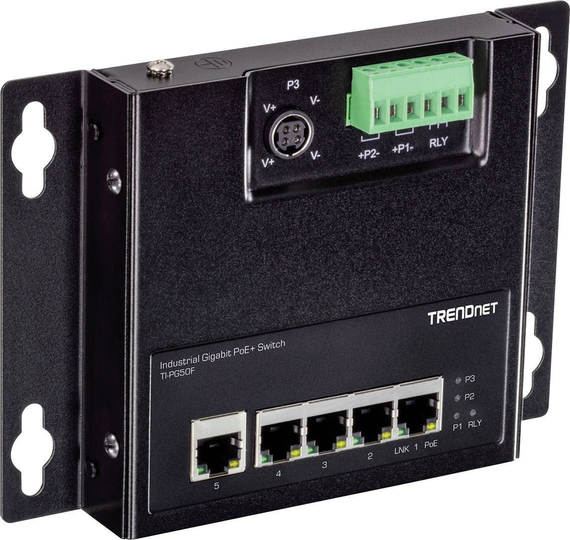 Industrieller Gigabit PoE+ Switch von TRENDnet mit fünf Ethernet-Ports, befestigbar an Wänden oder Schaltschränken.