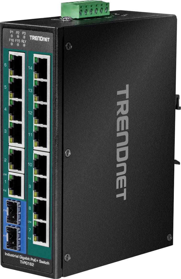 Schwarzer, rechteckiger TRENDnet Industrial Gigabit PoE+ Switch mit 12 Ethernet-Ports, zwei SFP-Steckplätzen und grünem Stecker oben.