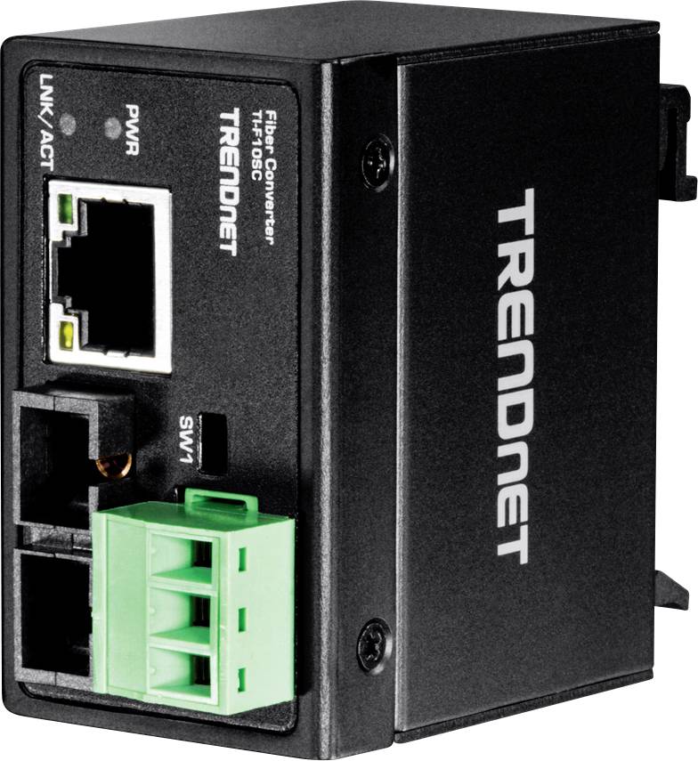 Industrial Fiber Converter von TRENDnet mit Anschlüssen für RJ-45 und Glasfaser. Nutzt Strom über einen grünen Klemmenblock.