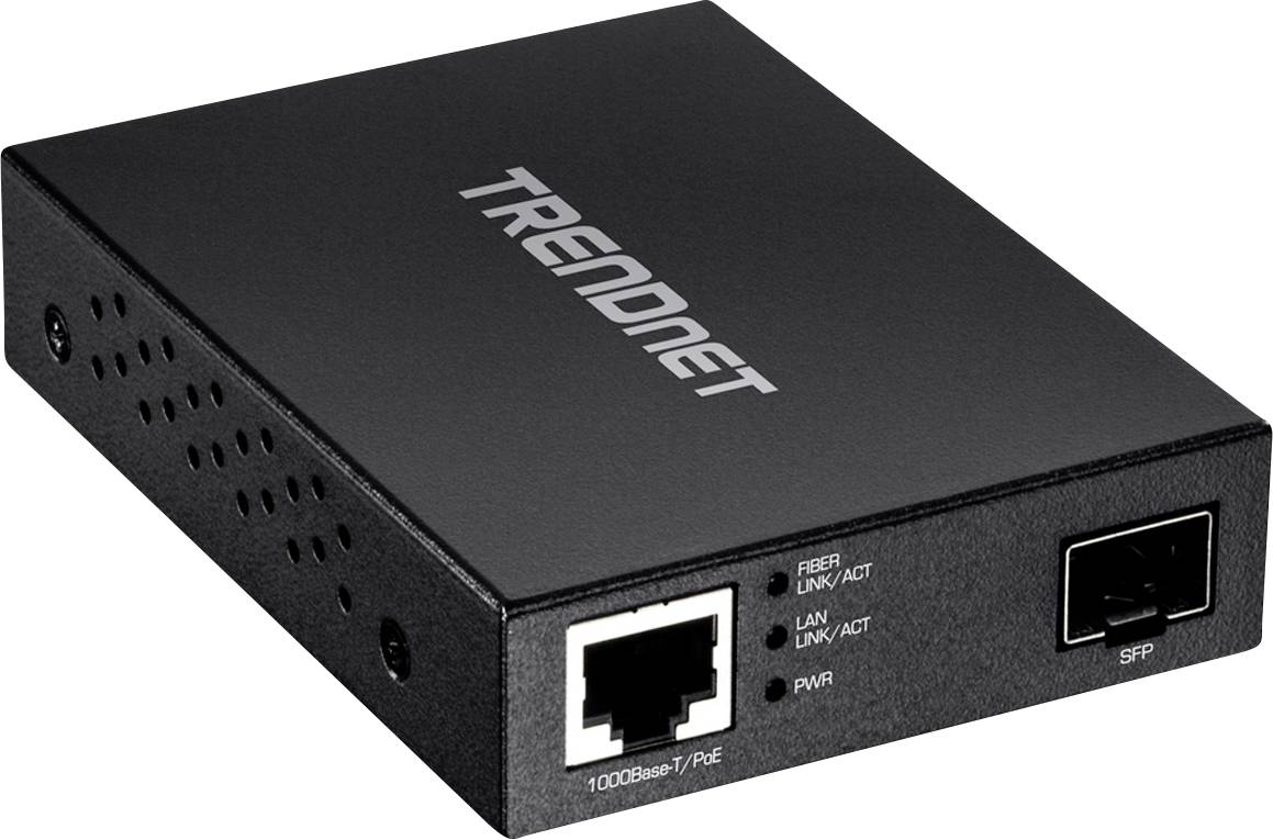 Schwarzer Netzwerkadapter von Trendnet mit LAN- und Fiber-Anschlüssen, mit Beschriftungen für 'LINK/ACT' und 'PWR'.