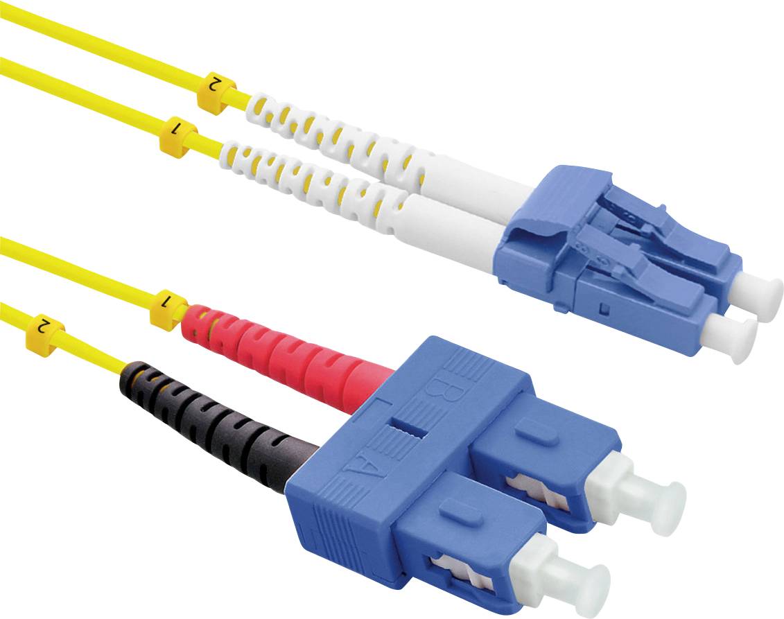 Zwei Faserkabel mit blauen Steckern, eines mit gelbem und das andere mit rotem und schwarzem Kabel, jeweils nummeriert.