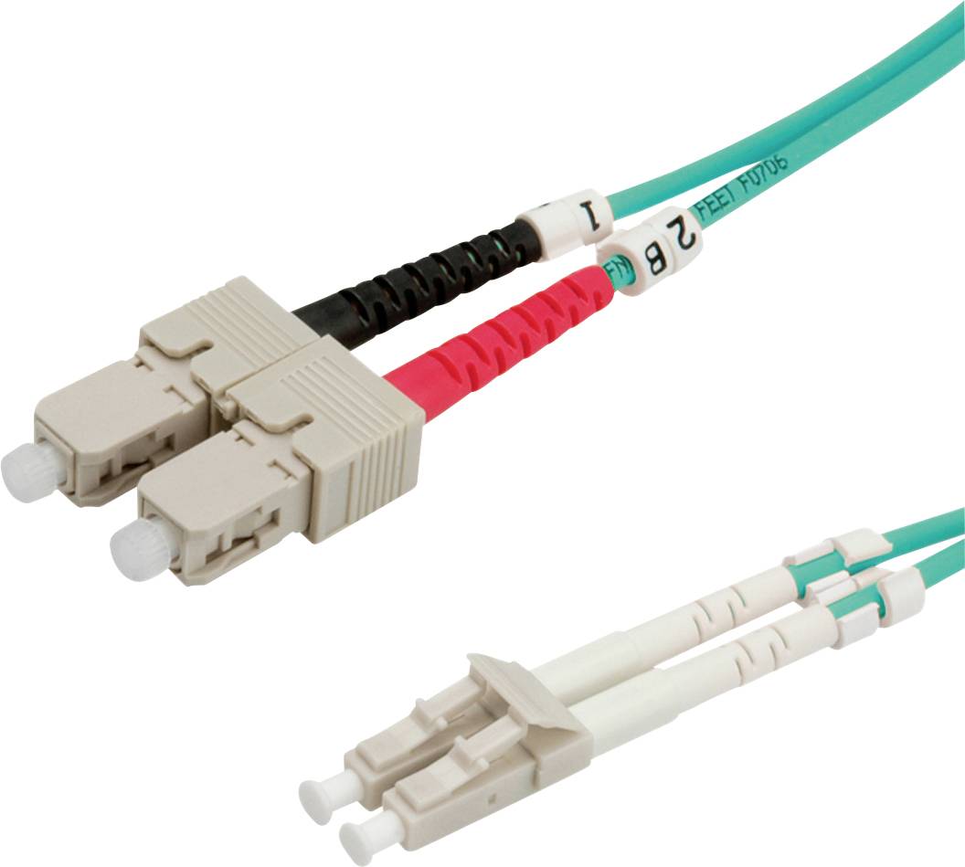 Duplex-LWL-Kabel mit SC- und LC-Steckern, geeignet für High-Speed-Glasfaserverbindungen.