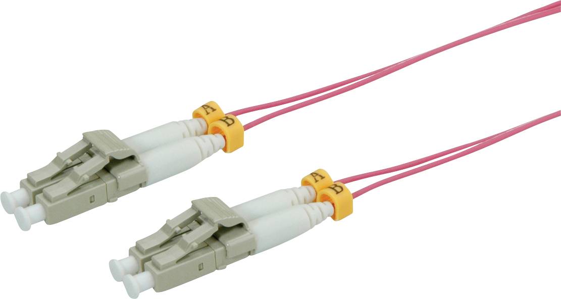 Zwei LC-Glasfaserstecker mit rosa Doppelkabel, verwendet für schnelle Datenverbindungen in Netzwerken.