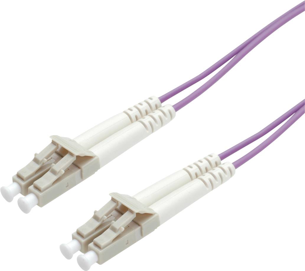 Ein lila LWL-Kabel mit zwei LC-Steckern, die für schnelle Datenübertragung in Netzwerken genutzt werden.