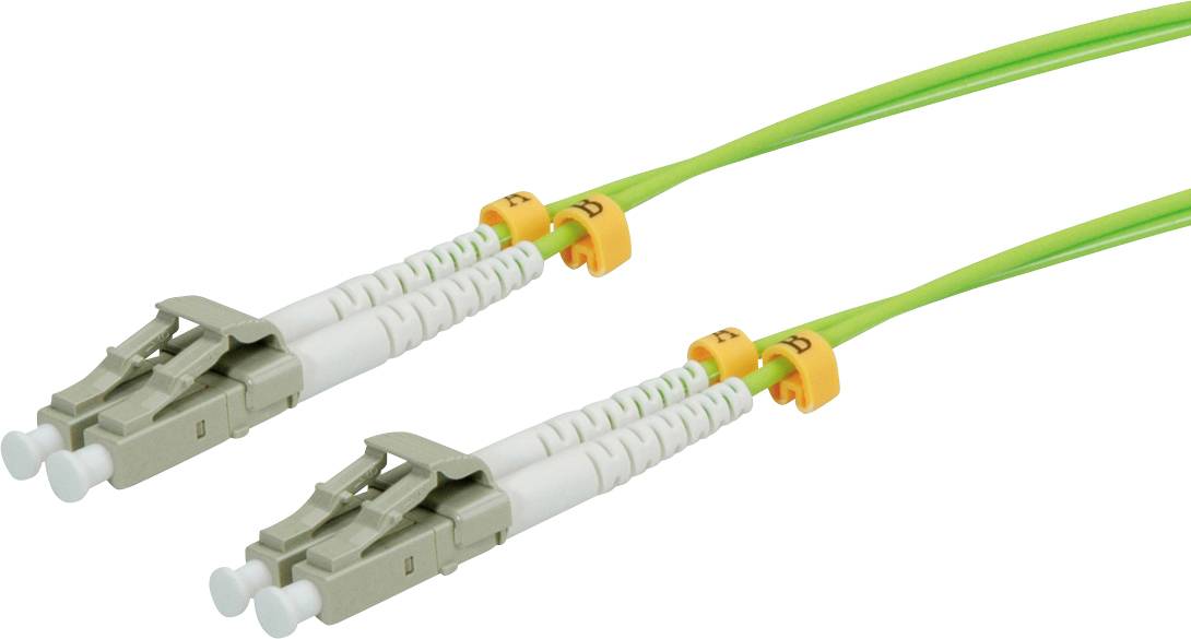 Glasfaser-Patchkabel mit grüner Ummantelung und zwei LC-Steckern, die zur Verbindung von Netzwerkgeräten verwendet werden.