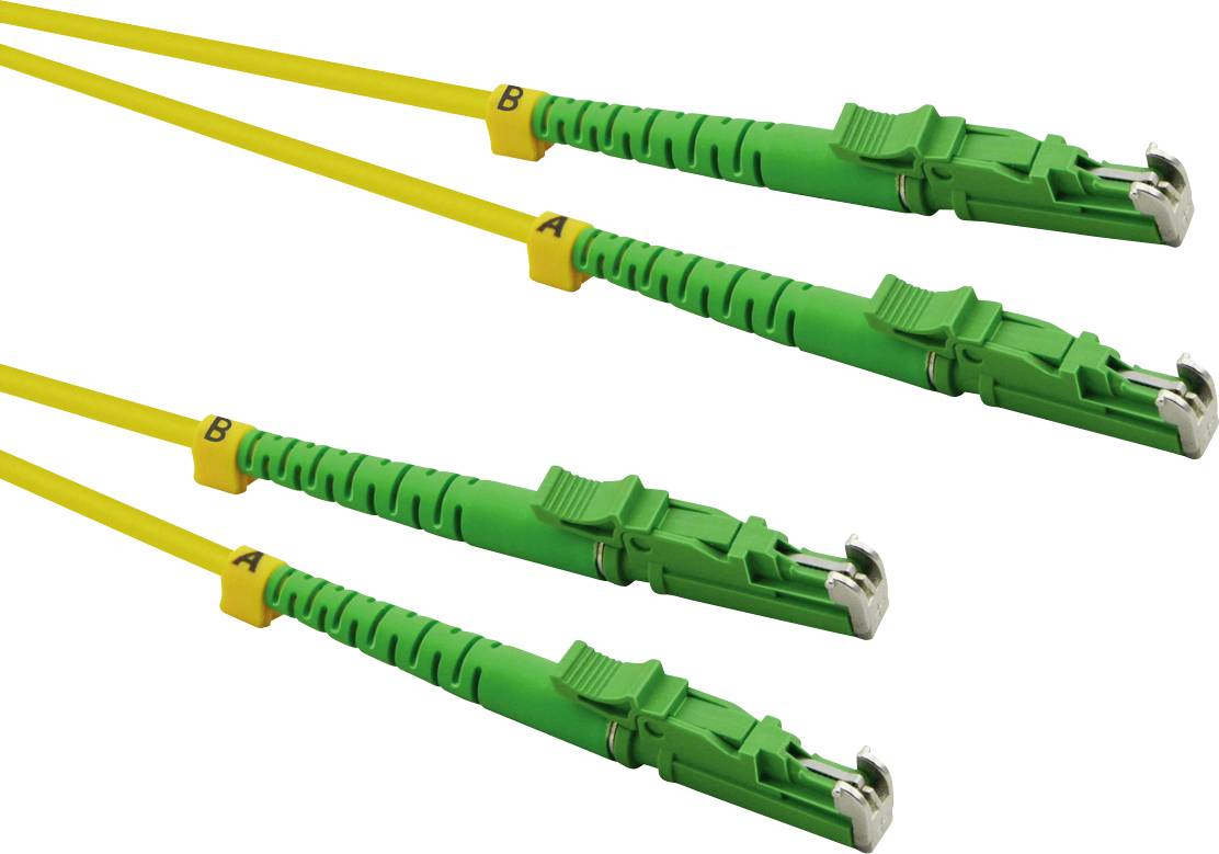 Vier gelbe Glasfaserkabel mit grünen Steckern, die mit 'A' und 'B' markiert sind. Die Stecker sind für Netzwerkverbindungen.