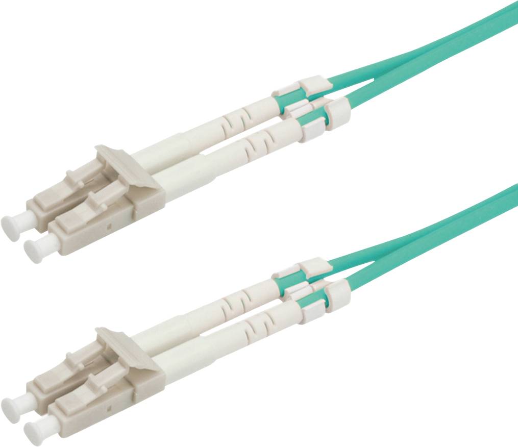 Zwei grüne LC-LC-Lichtwellenleiterkabel, die optische Signale übertragen.