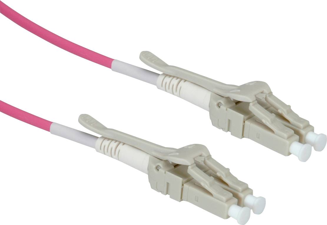 Zwei rosa LWL-Kabel mit beige Steckern für Datenübertragung, nebeneinander liegend.