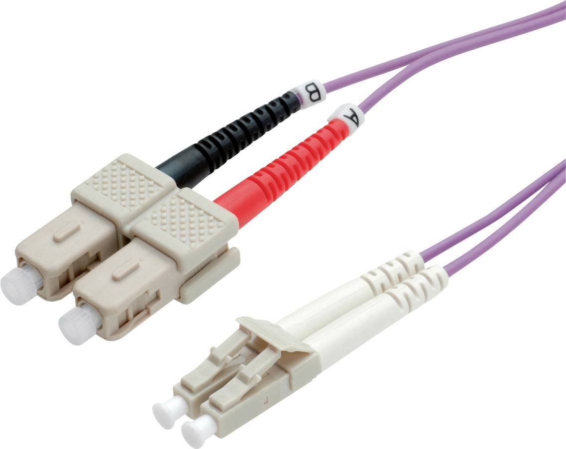 Zwei Glasfaserkabel mit Steckern. Ein Kabel ist mit roten Markierungen, das andere mit schwarzen. Beide sind mit LC-Steckern ausgestattet.