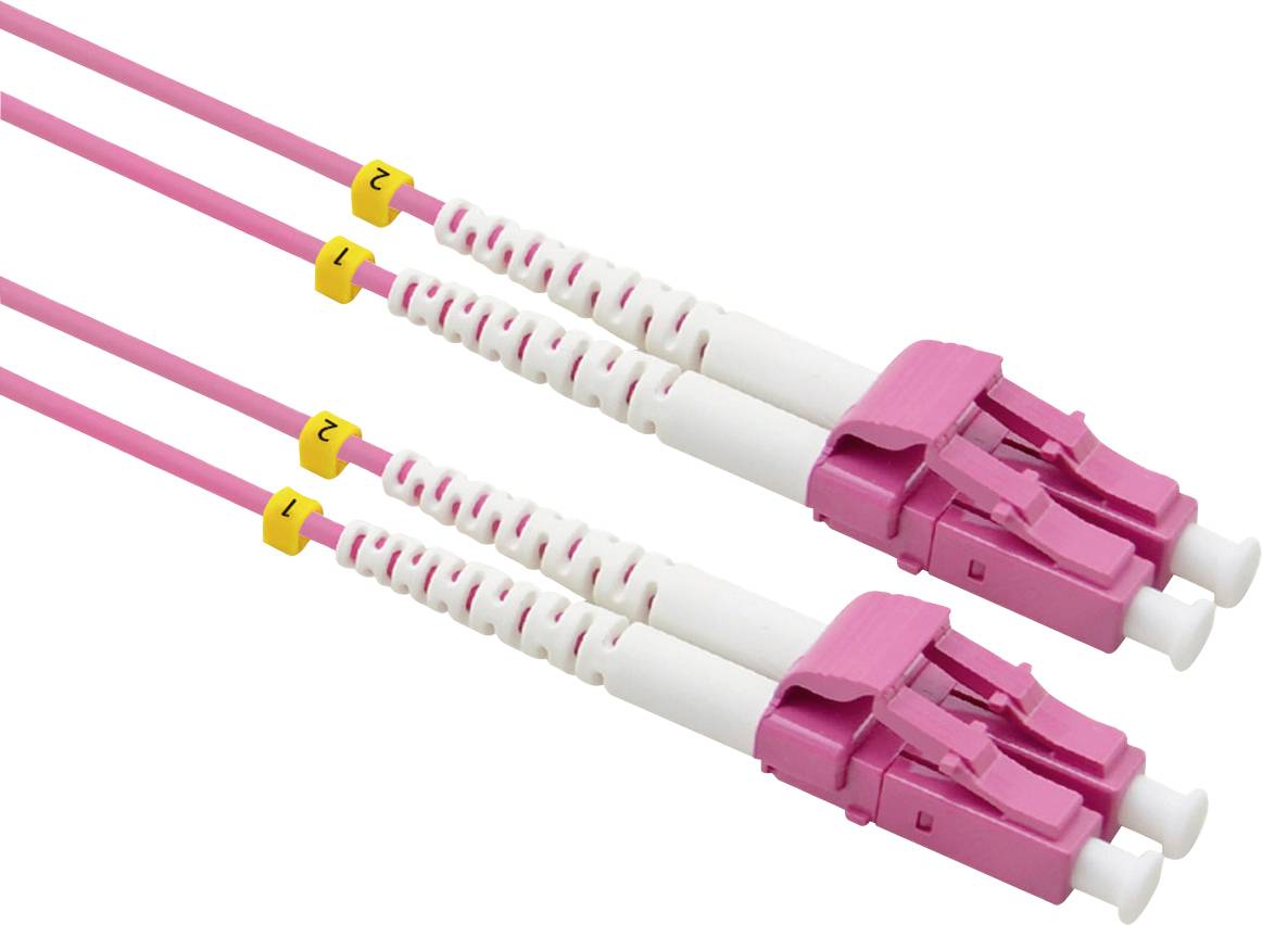 Zwei rosa LC-LC Duplex-Glasfaserkabel mit gelben Nummernmarkierungen, die auf die Endsteckverbinder verweisen.