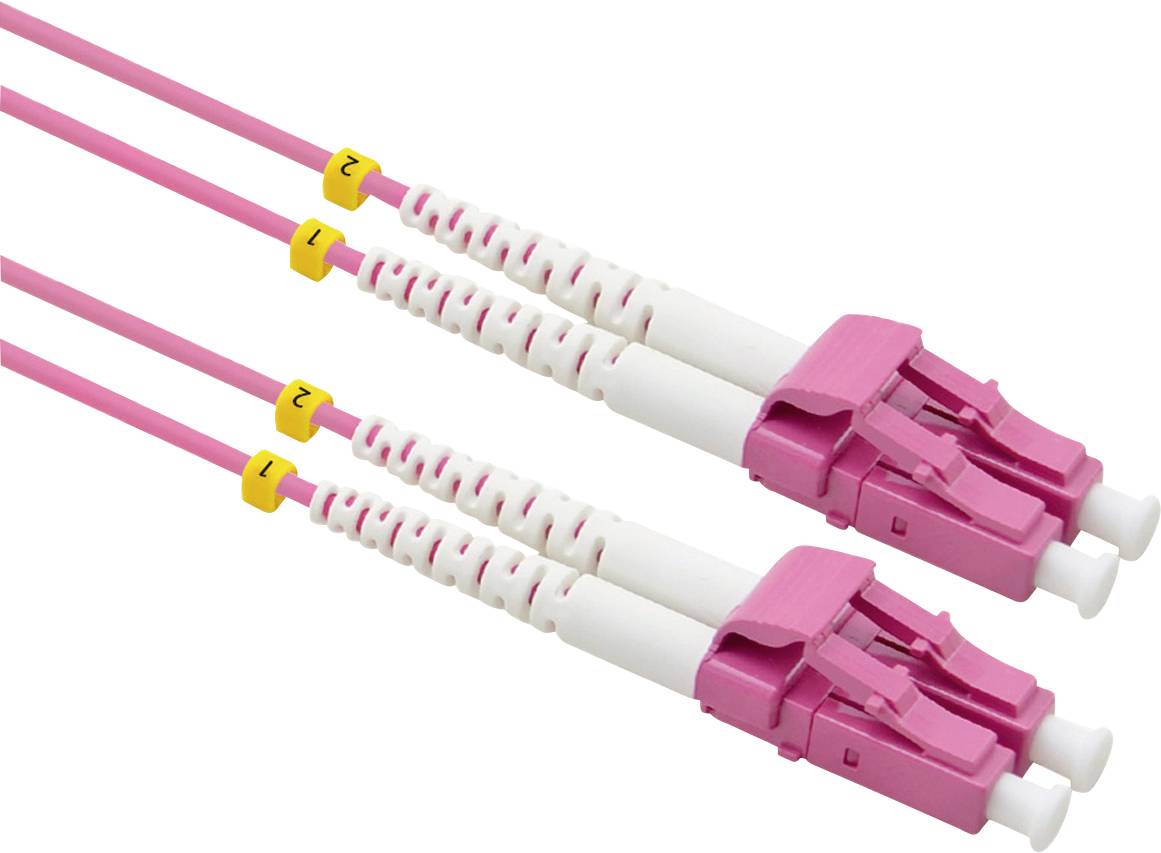 Zwei rosa Glasfaserkabel mit gelbem Etikett, Nummern '1' und '2', an beiden Enden mit Steckern, für Datenverbindungen.