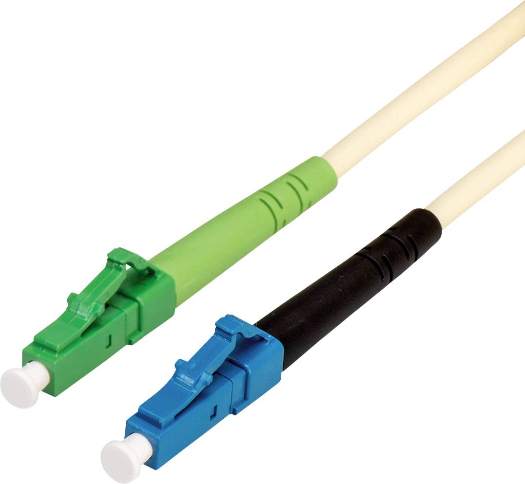 Zwei LWL-Stecker, einer grün, einer blau, an beigefarbenem Kabel. Verwendung in Netzwerk- oder Telekommunikationsanwendungen.