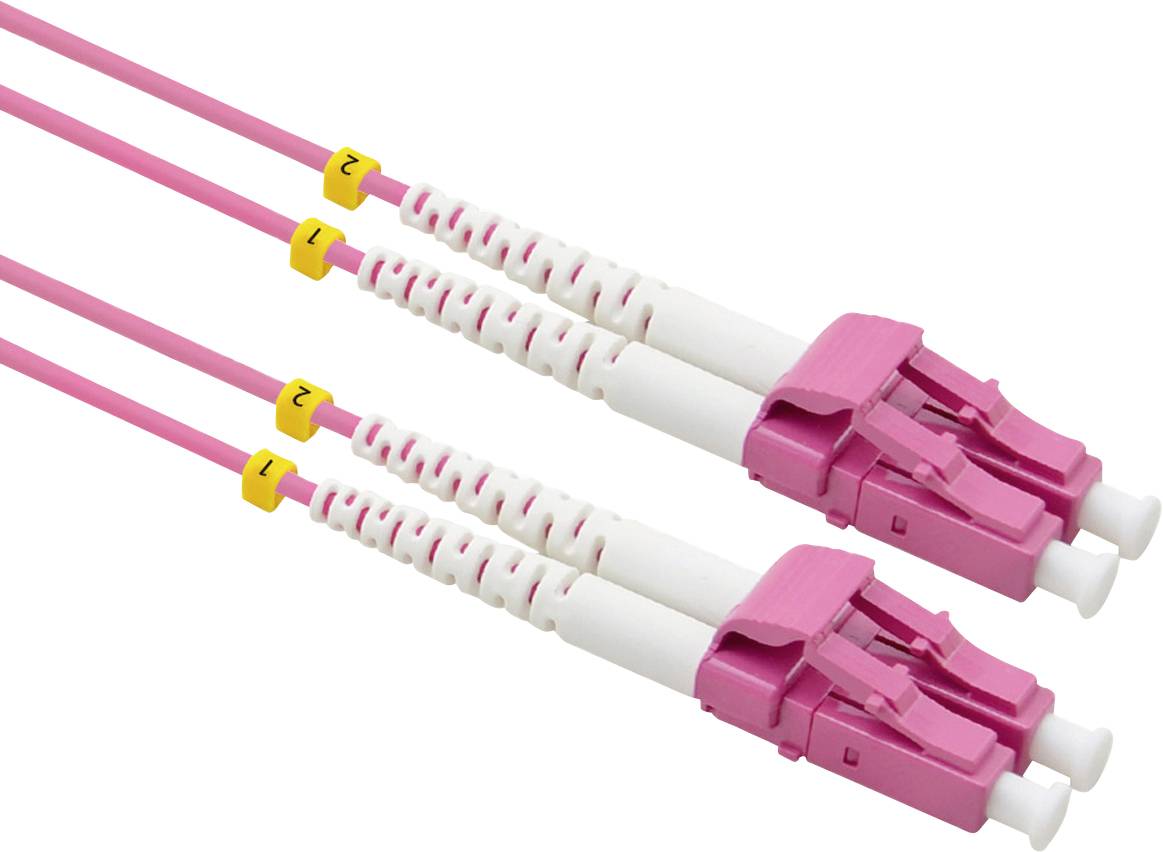 Zwei pinkfarbene Glasfaserkabel mit weißen Steckern und gelben Markierungen an den Enden.