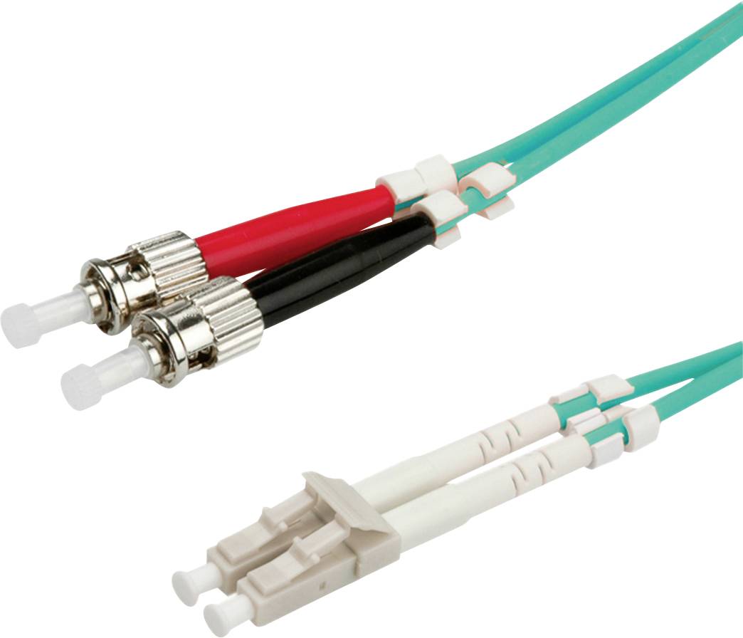 Zwei Arten von Glasfaserkabeln: ein LC-Duplex-Stecker unten und ein SC-Stecker oben, beide mit typischen farblichen Unterscheidungen.