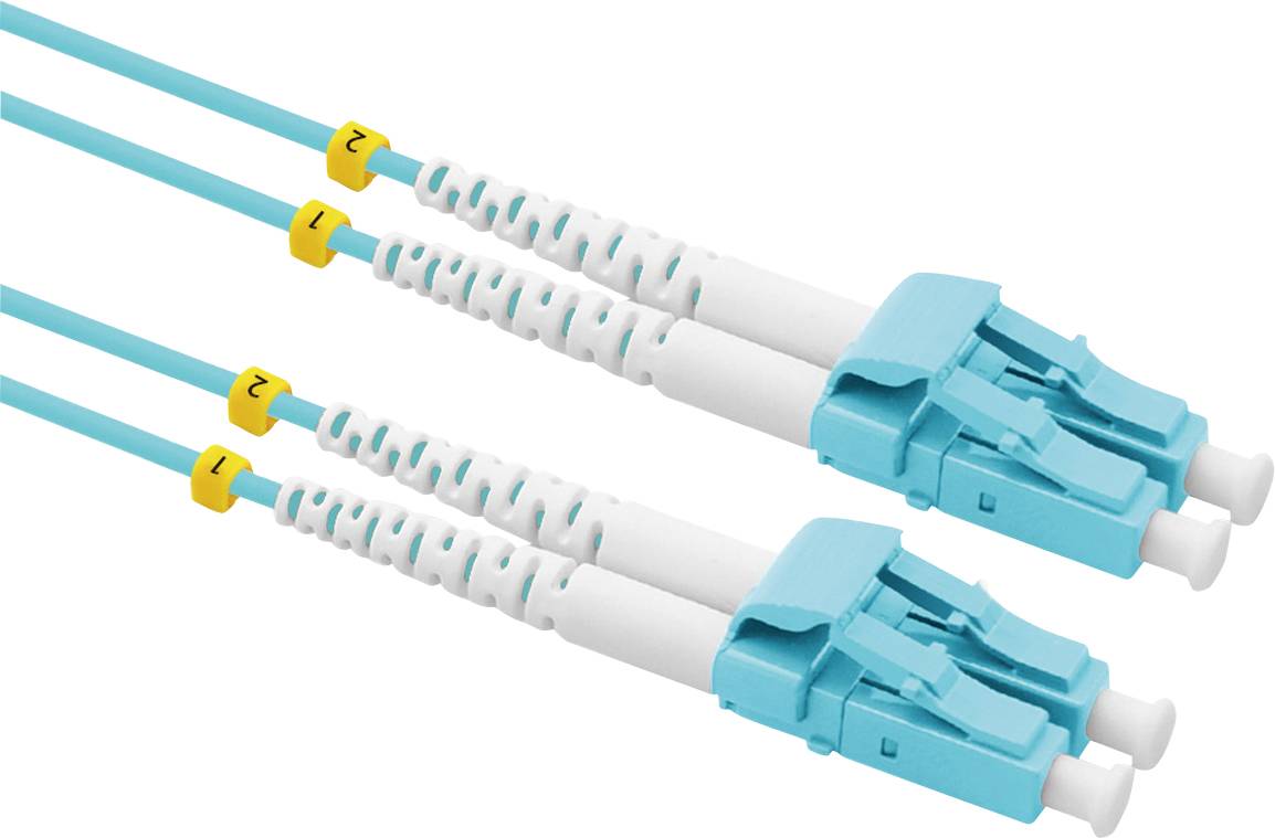 Zwei blaue, miteinander verbundene Glasfaserkabel mit nummerierten gelben Markierungen an den Steckern.