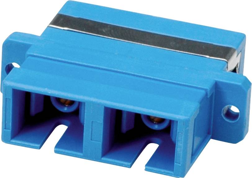 Doppelte LC-LWL-Kupplung, blau, zur Verbindung von Lichtwellenleitern in Glasfasernetzwerken.