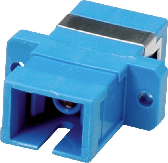 Ein blaues optisches SC-Adaptergehäuse mit rechteckiger Form und Befestigungslöchern zur Verbindung von Glasfaserkabeln.