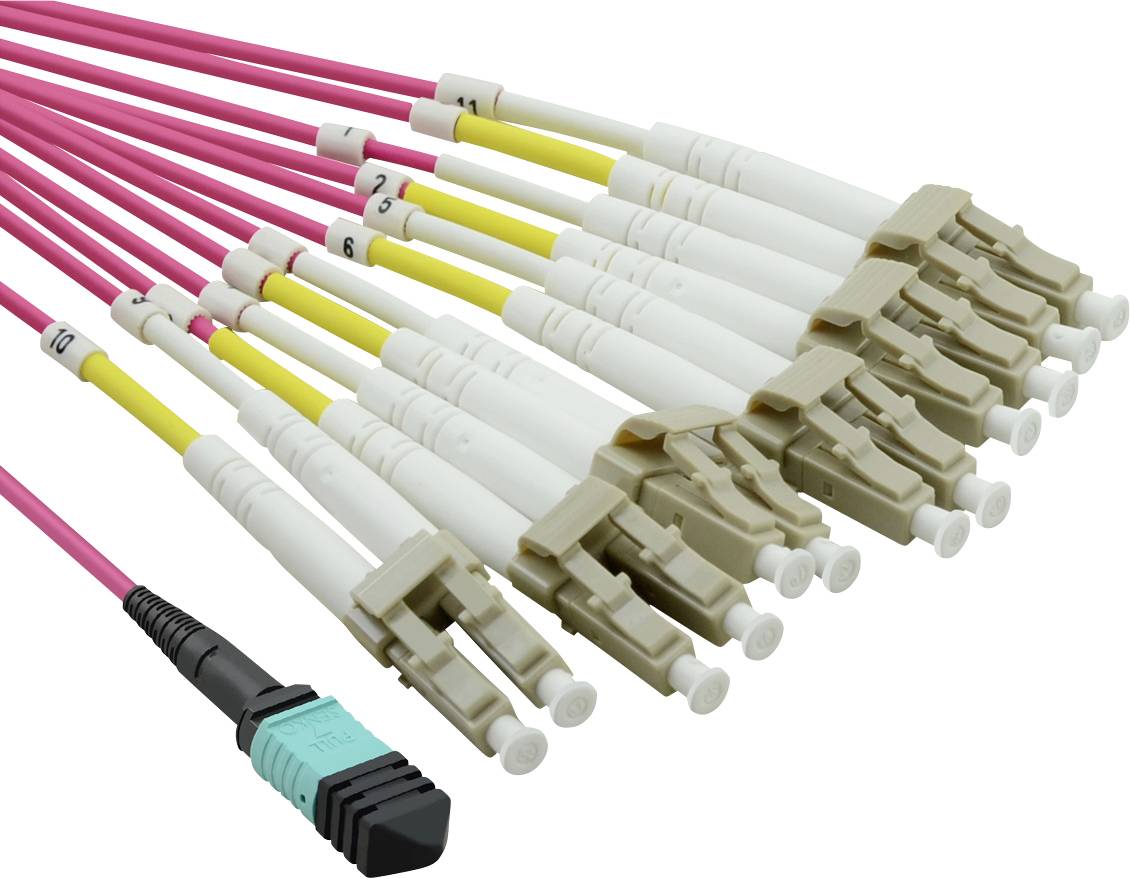 LWL-Patchkabel mit mehreren pinkfarbenen Glasfasern und weißen Steckern. Verwendet zur schnellen Datenübertragung in Netzwerken.