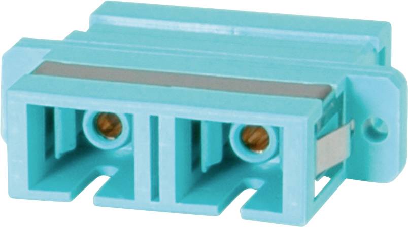 Ein türkisblaues elektrisches Anschlussmodul mit zwei Löchern zur Befestigung von Drähten, vermutlich für elektronische Geräte verwendet.