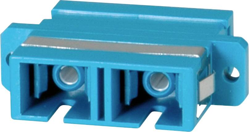 Ein blauer Glasfaseradapter mit zwei Anschlussöffnungen, verwendet zur Verbindung von Glasfaserkabeln in Netzwerkinstallationen.