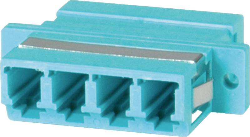Ein blauer optischer Netzwerkadapter mit vier Anschlüssen, der zur Verbindung von Glasfaserkabeln dient.