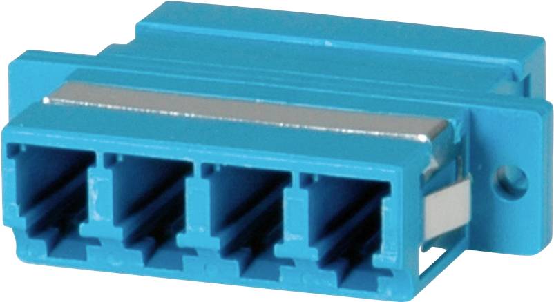 Ein blauer LC-Quad-Adapter für Glasfaserkabel, mit vier Anschlussbuchsen. Wird verwendet zur Verbindung mehrerer Glasfaserleitungen.