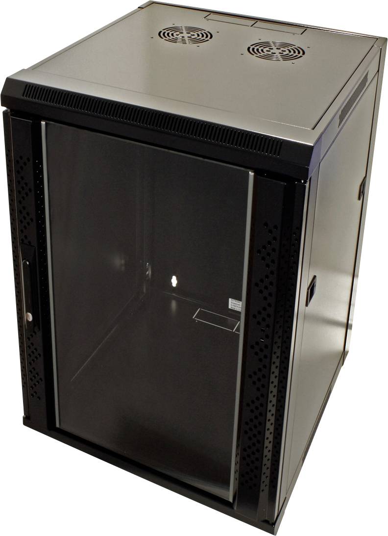 Schwarzer Netzwerkschrank mit Glastür, ideal für die Aufbewahrung von Servern oder Netzwerkgeräten, ausgestattet mit Lüftungsschlitzen.