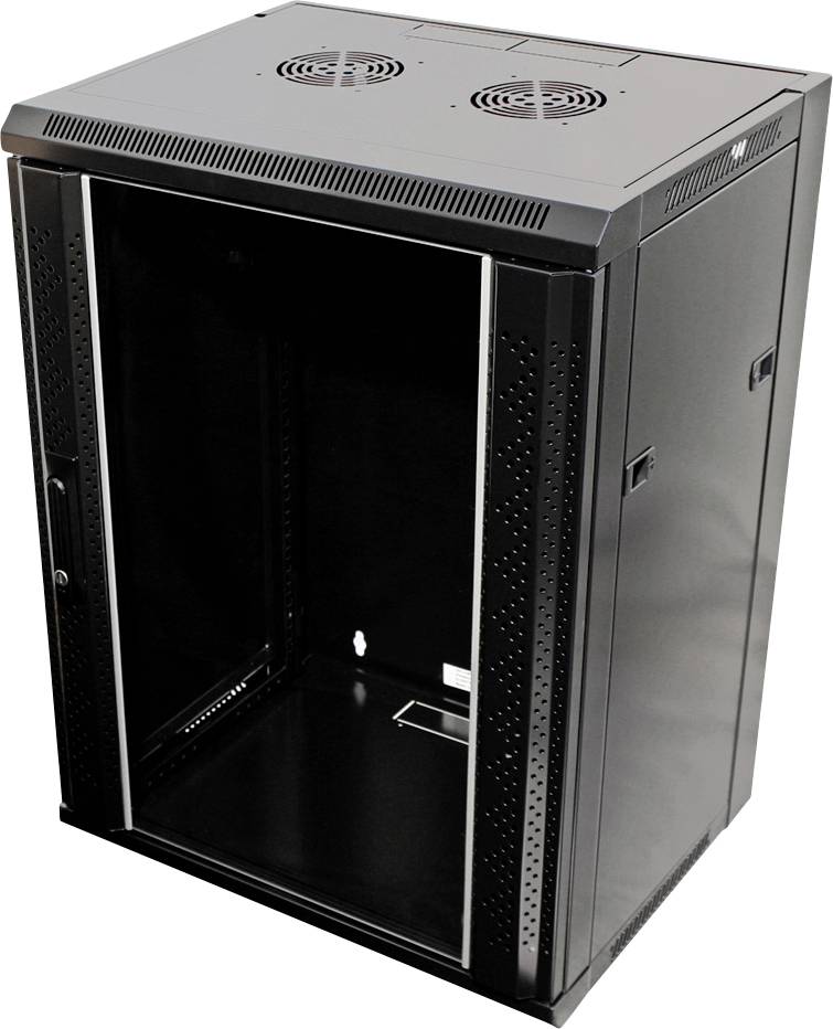 Ein schwarzer Netzwerk-Rack-Schrank mit Glastür und Lüftungsschlitzen auf der Oberseite, geeignet zur Aufbewahrung von Servern.