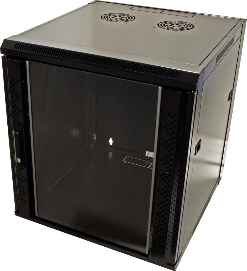 Ein leerer Netzwerk-Rack-Schrank mit Glastür und Belüftungslöchern oben, geeignet für die Aufbewahrung von IT-Ausrüstung.