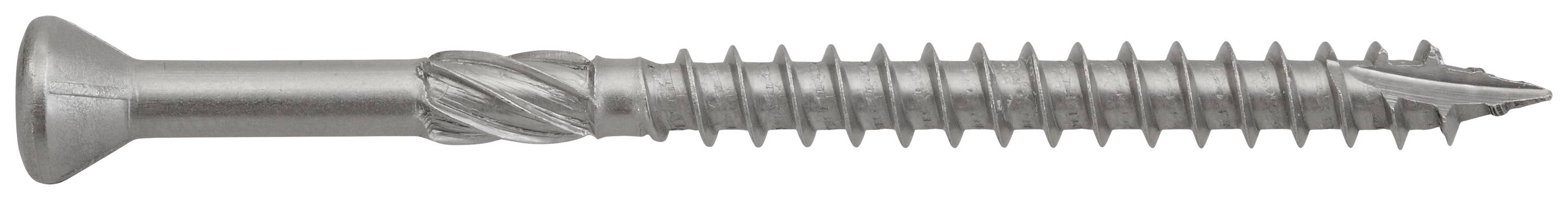 Eine einzelne Edelstahlschraube mit einem flachen Kopf und einem Spiralgewinde.