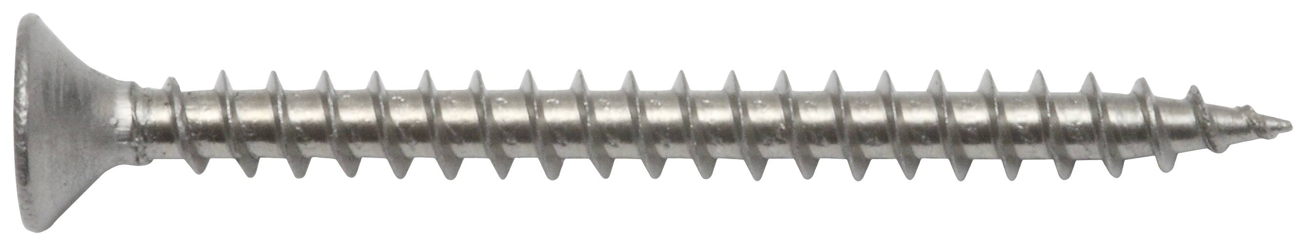 Silberne Metallschraube mit flachem Kopf und durchgängigen Gewinden.