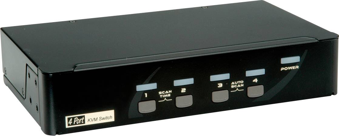Ein schwarzer 4-Port-KVM-Switch mit Tasten für 'Scan', 'Auto Scan', Anschlüsse 1 bis 4 und eine Power-Anzeige auf der Vorderseite.