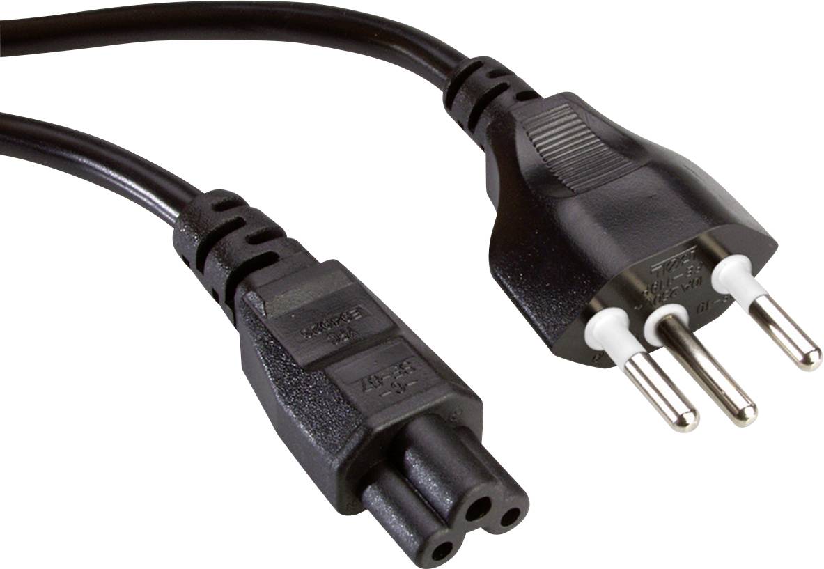 Ein Netzkabel mit einem europäischen Stecker und einem Adapter. Der Stecker hat drei runde Metallstifte.