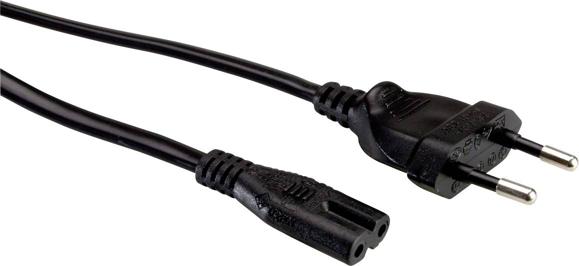 Schwarzes Stromkabel mit Eurostecker auf der einen Seite und einer zweipoligen Buchse auf der anderen Seite, auf weißem Hintergrund.