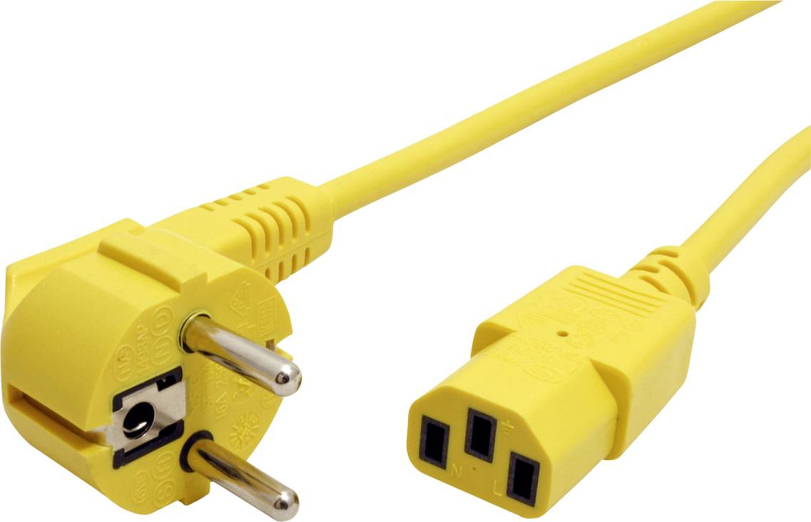 Gelbes Netzkabel mit geerdetem Stecker und C13-Anschluss. Verwendung typischerweise für Computer und elektronische Geräte.