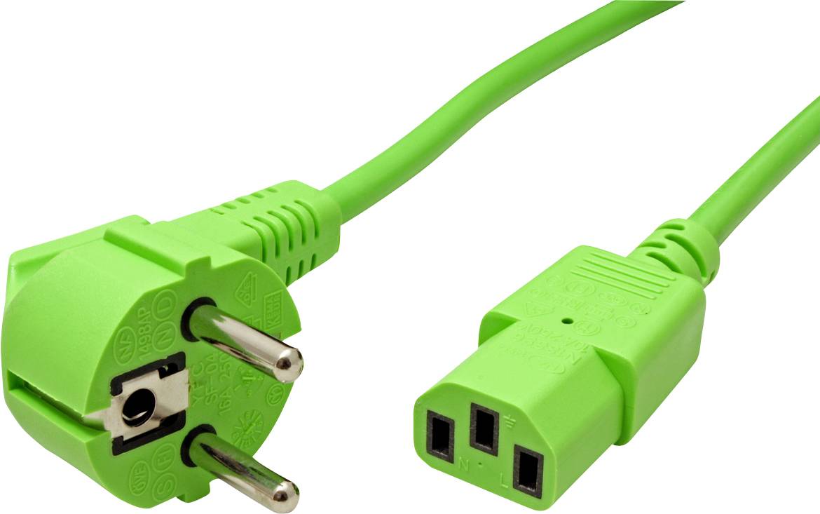 Grünes Netzkabel mit Schuko-Stecker und C13-Buchse.