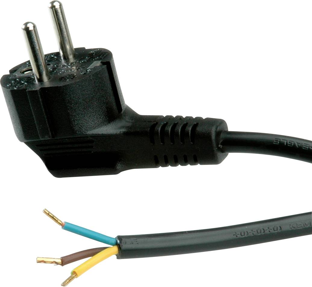 Schwarzer Stecker mit drei Metallstiften und abisolierten Drähten in Gelb-Grün, Blau und Braun, zeigt Anschlusskabel im Bau.