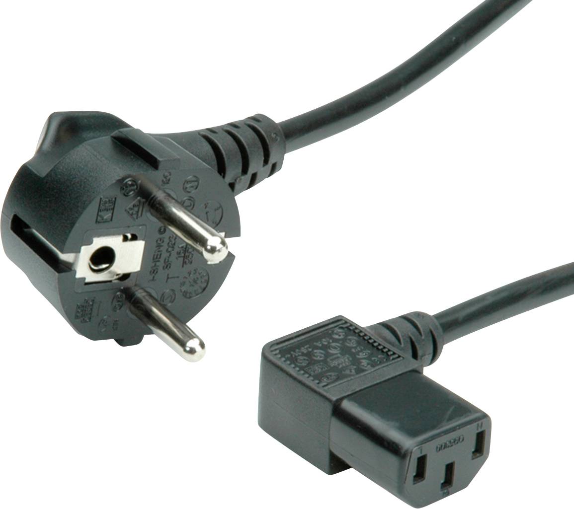 Ein schwarzes Netzkabel mit einem Schukostecker auf der einen Seite und einem IEC C13 Stecker auf der anderen.