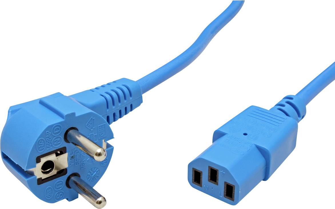 Blaues Netzkabel mit Schuko-Stecker auf der linken und einem IEC-Stecker auf der rechten Seite, geeignet für europäische Steckdosen.