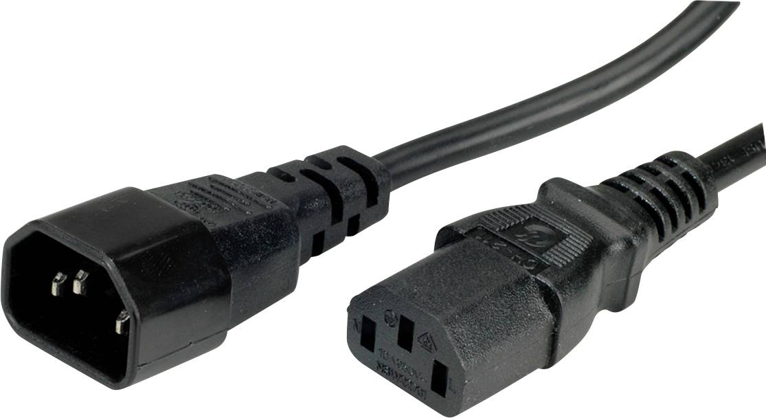 Ein schwarzes Netzkabel mit einem IEC-C13-Stecker auf der einen und einem IEC-C14-Stecker auf der anderen Seite.