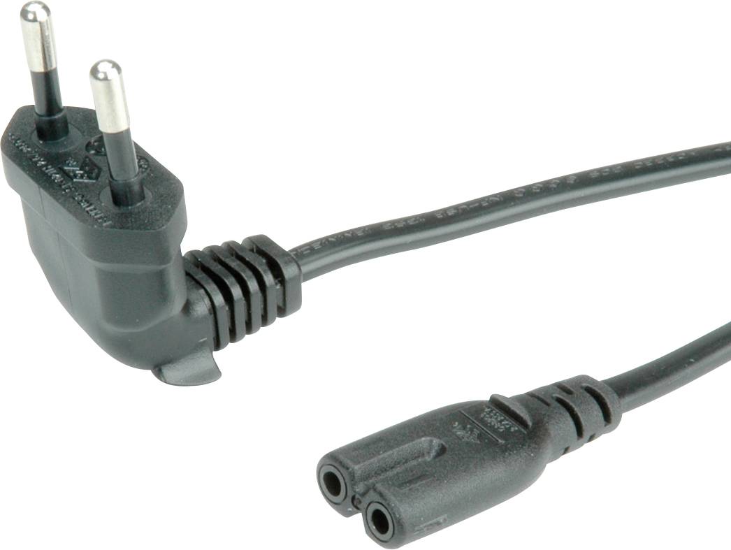 Schwarzes Netzkabel mit europäischem Stecker und Doppelbuchse. Verwendet zur Stromversorgung von Geräten.